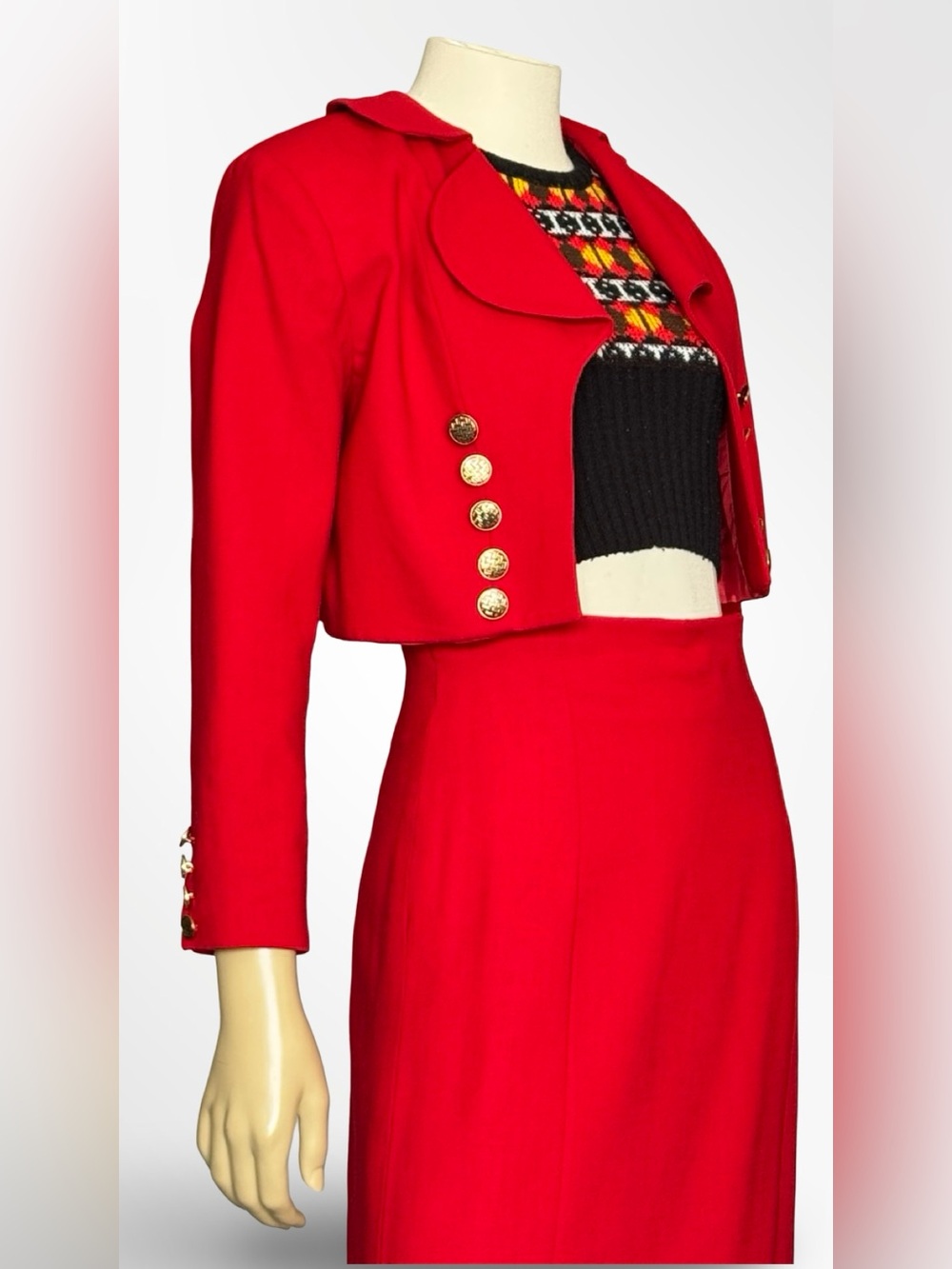Vintage 1990s Red Bolero Pencil Skirt Suit Two Piece Gold Buttons Sony Pictures